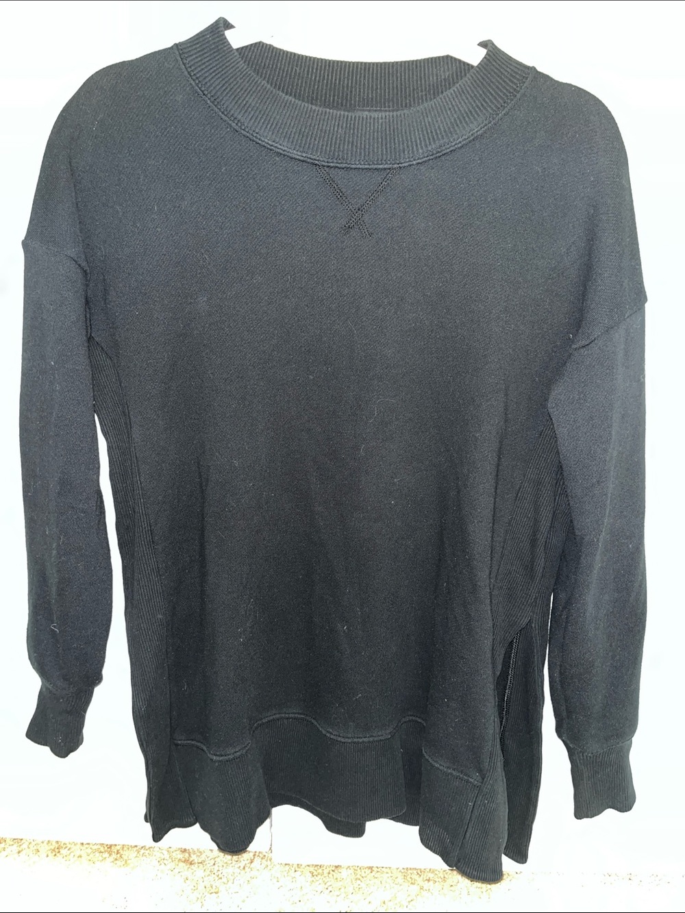 aerie Black Crewneck sweatshirt Top with slit hem details